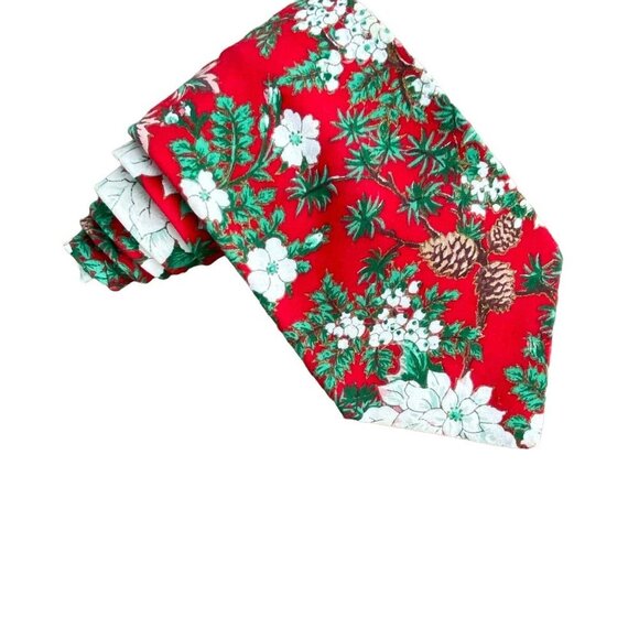Vintage Christmas Poinsettias Neck Tie Silk Red Floral Career Professional Mens - Picture 12 of 12